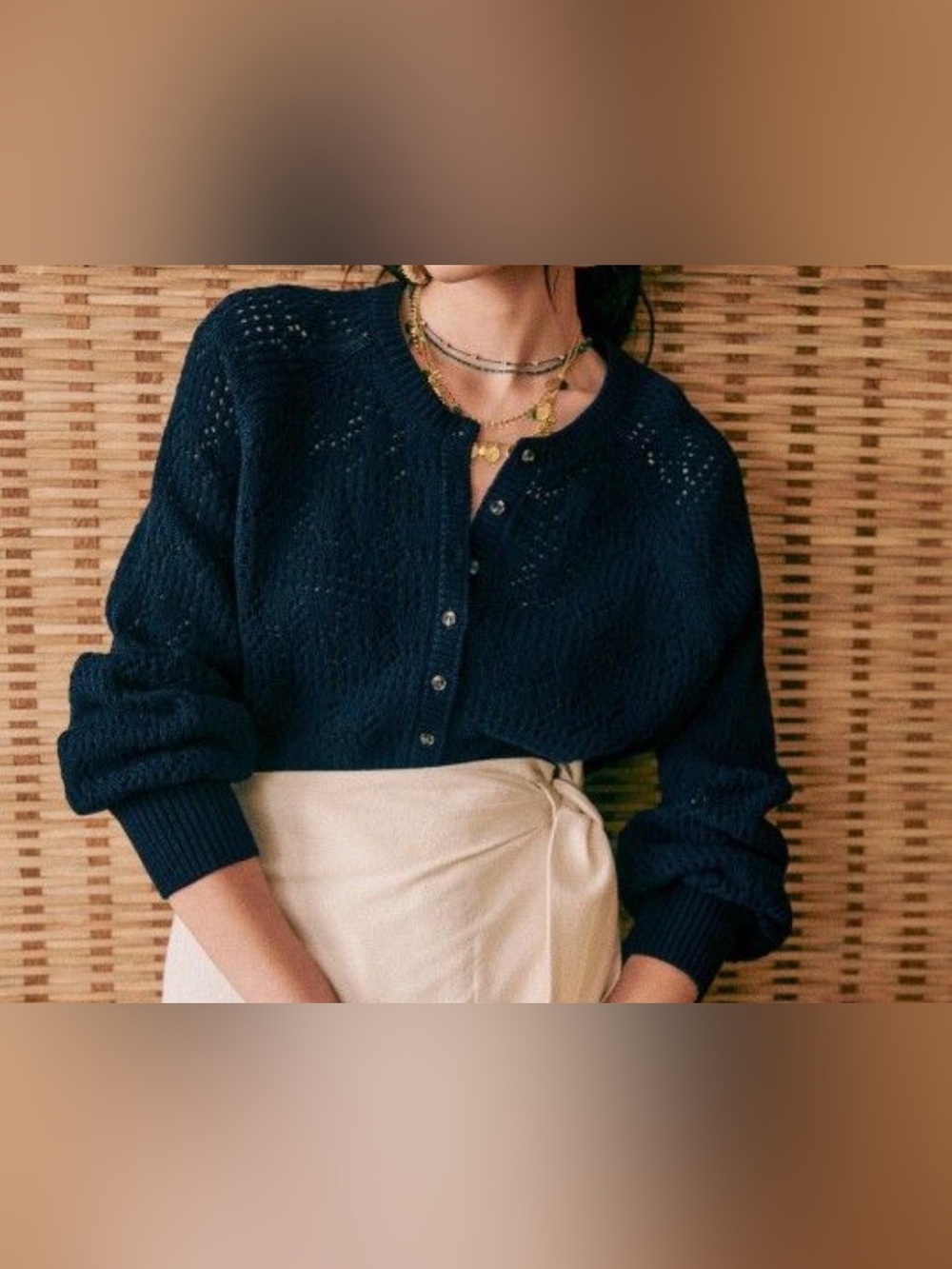 Sézane Navy Button-Up Openwork Knit Cardigan
